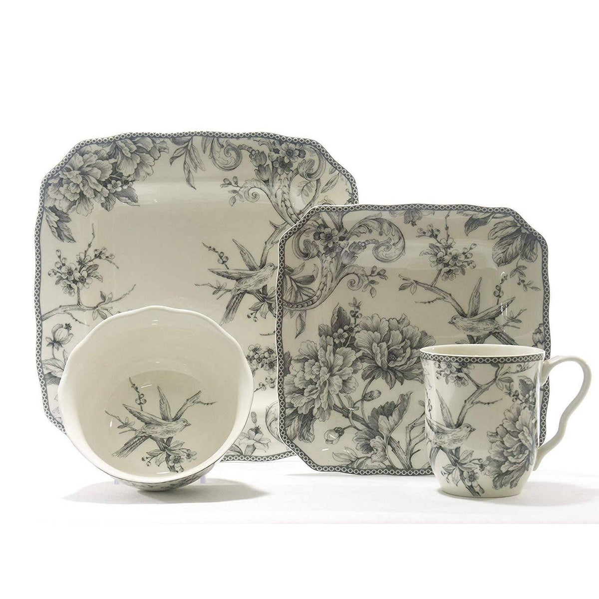 222 Fifth Adelaide Grey 16 Piece Dinnerware Set Square Service for - Product image 1