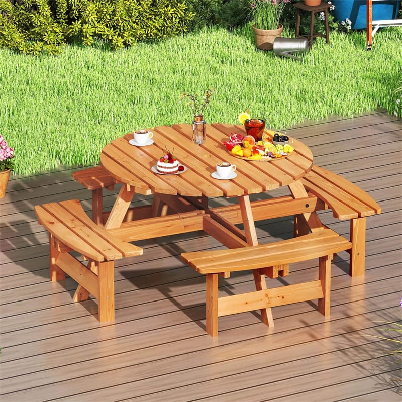 8-Person Round Wood Picnic Table Set with 4 Built-in Benches & 2" Umbrella Hole, Holds 2420 LBS - Product image 15