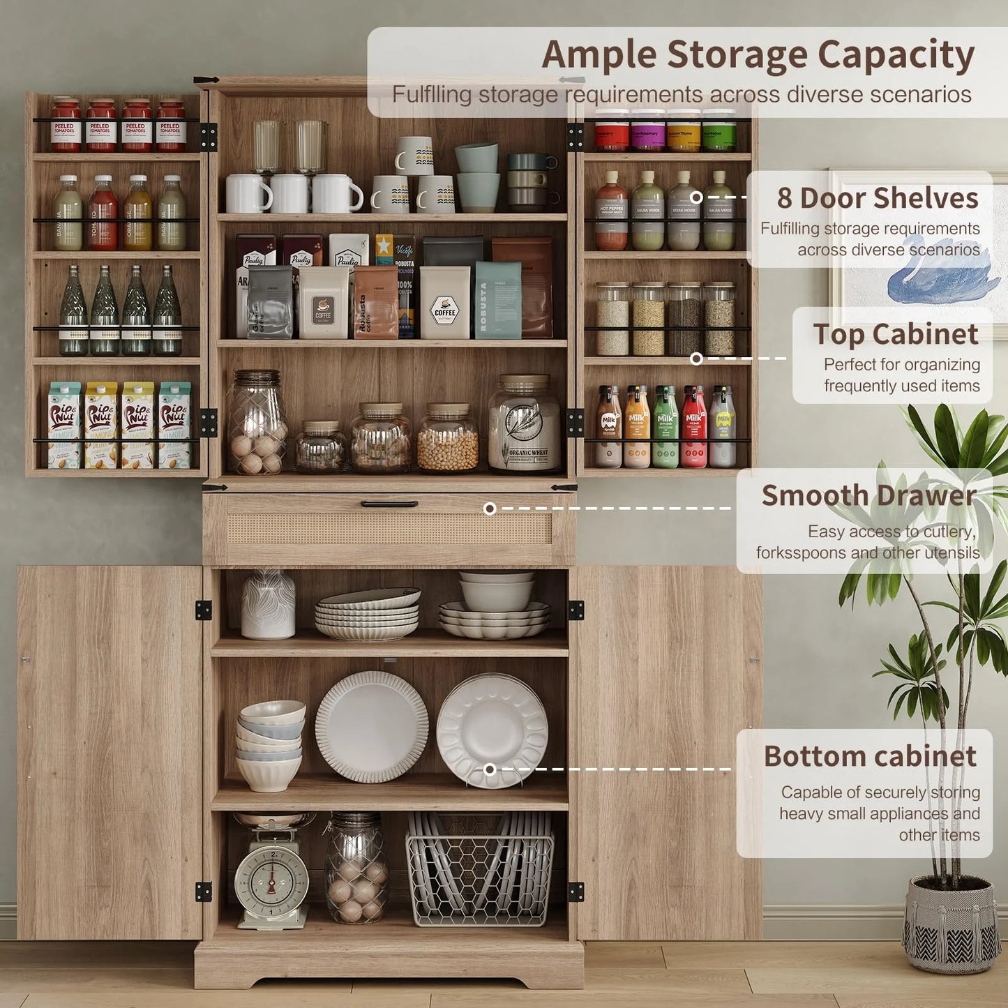 FUSOU 72'' Kitchen Storage Pantry Cabinet, Tall Storage Cabinet with 8 Door Shelves - Product image 14