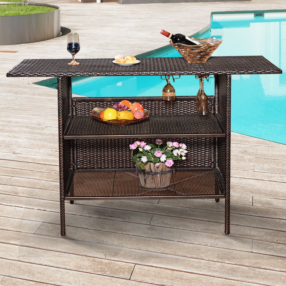 Garden Bar Table in Woven Resin with 2 Storage Shelves and 2 Rails for Brown Glass Holders -