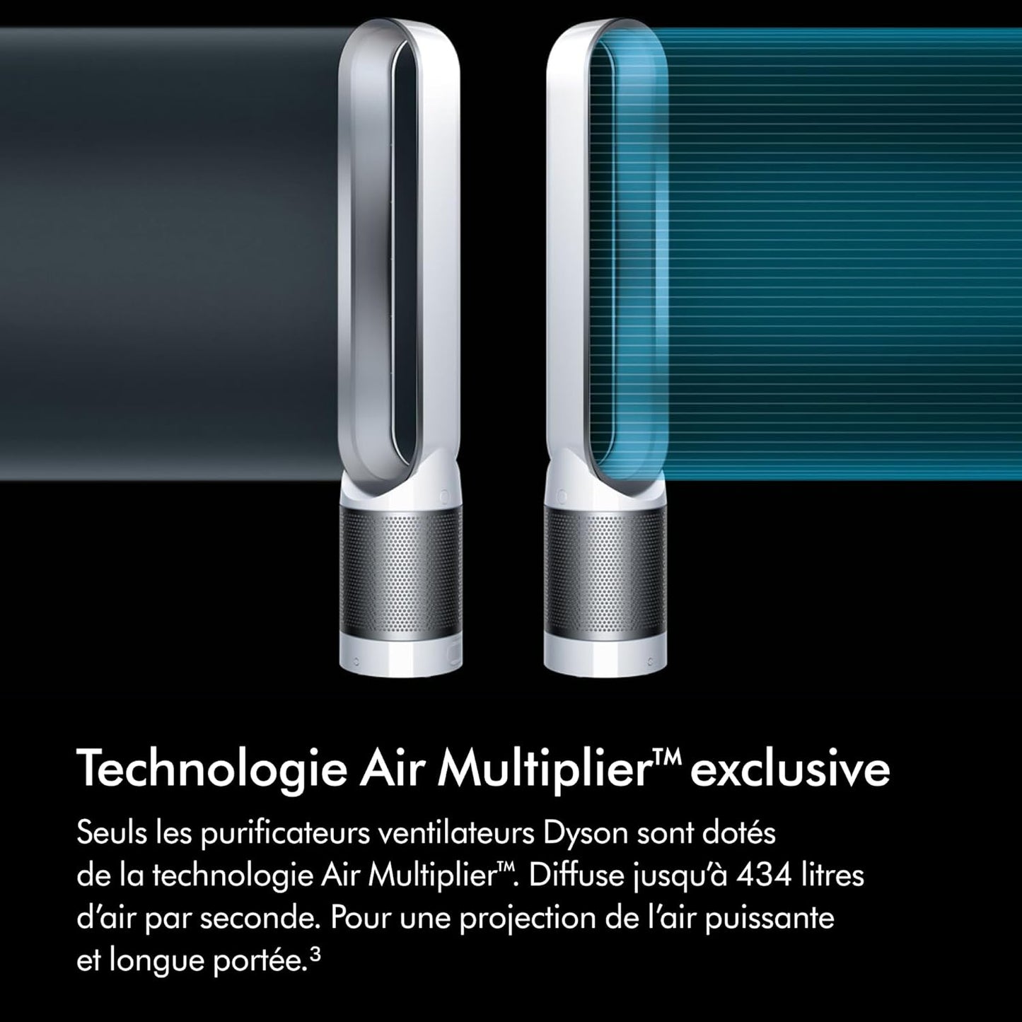 Dyson Pure Cool TP00 – Bladeless tower fan purifier, 10 speeds, 434L/s, 360° HEPA filter, captures 99.95% particles, White/Silver