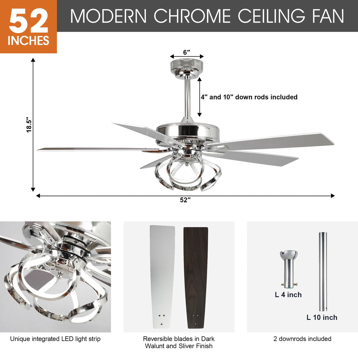 Parrot Uncle 52 - Inch Contemporary Chrome Ceiling Fan with Integrated LED Lights and Remote Control - Product image 7