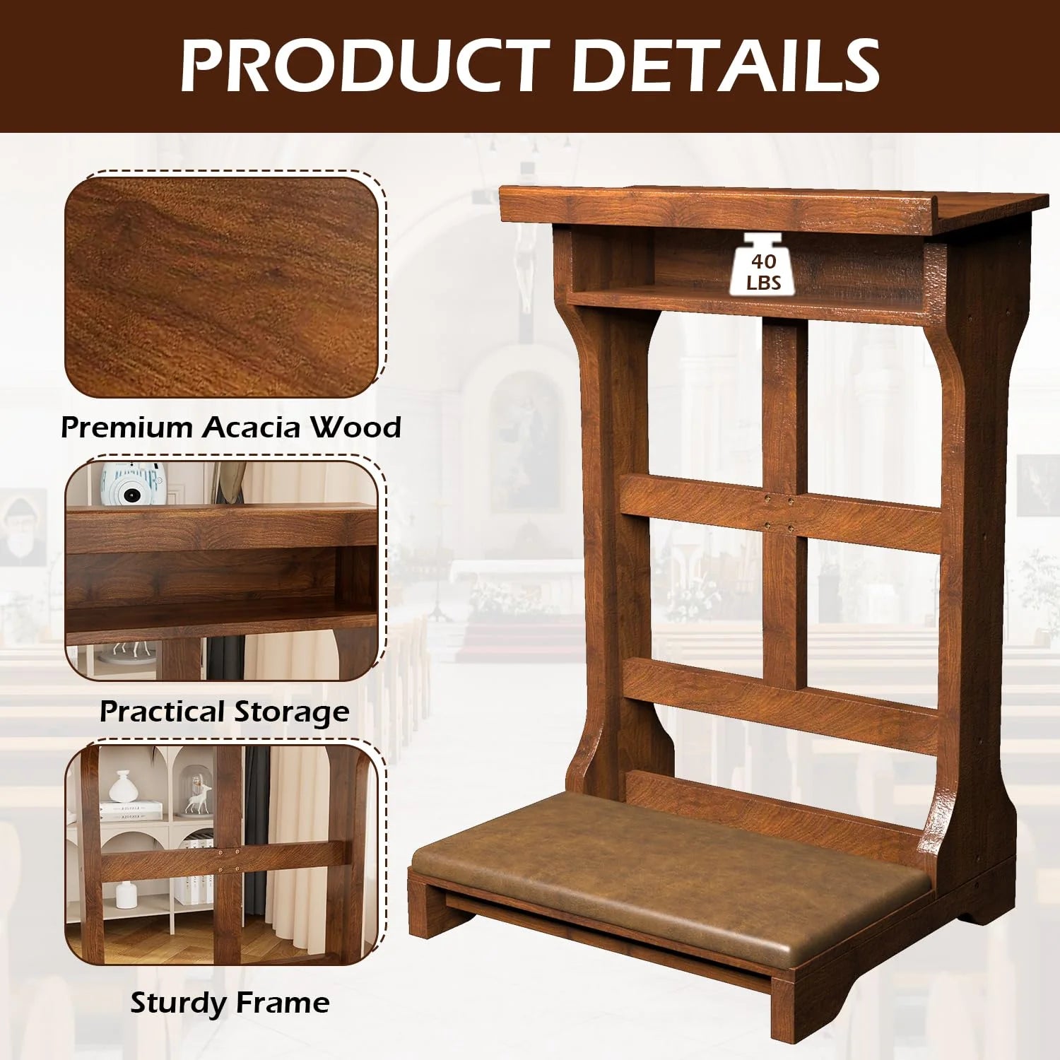 AECOJOY Acacia Wood Prayer Kneeler Bench with Storage Shelf & Soft Cushion - Product image 5