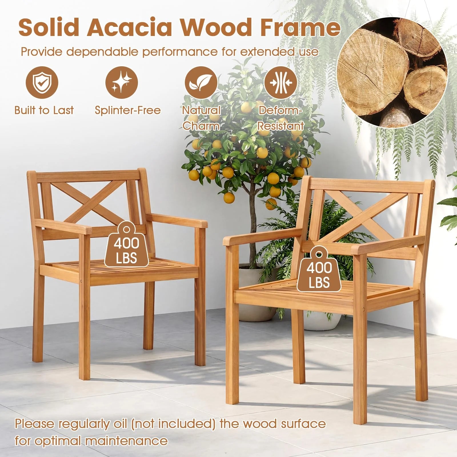 Tangkula Acacia Wood Patio Dining Chairs Set of 2/4 with 400 lbs Capacity - Product image 9
