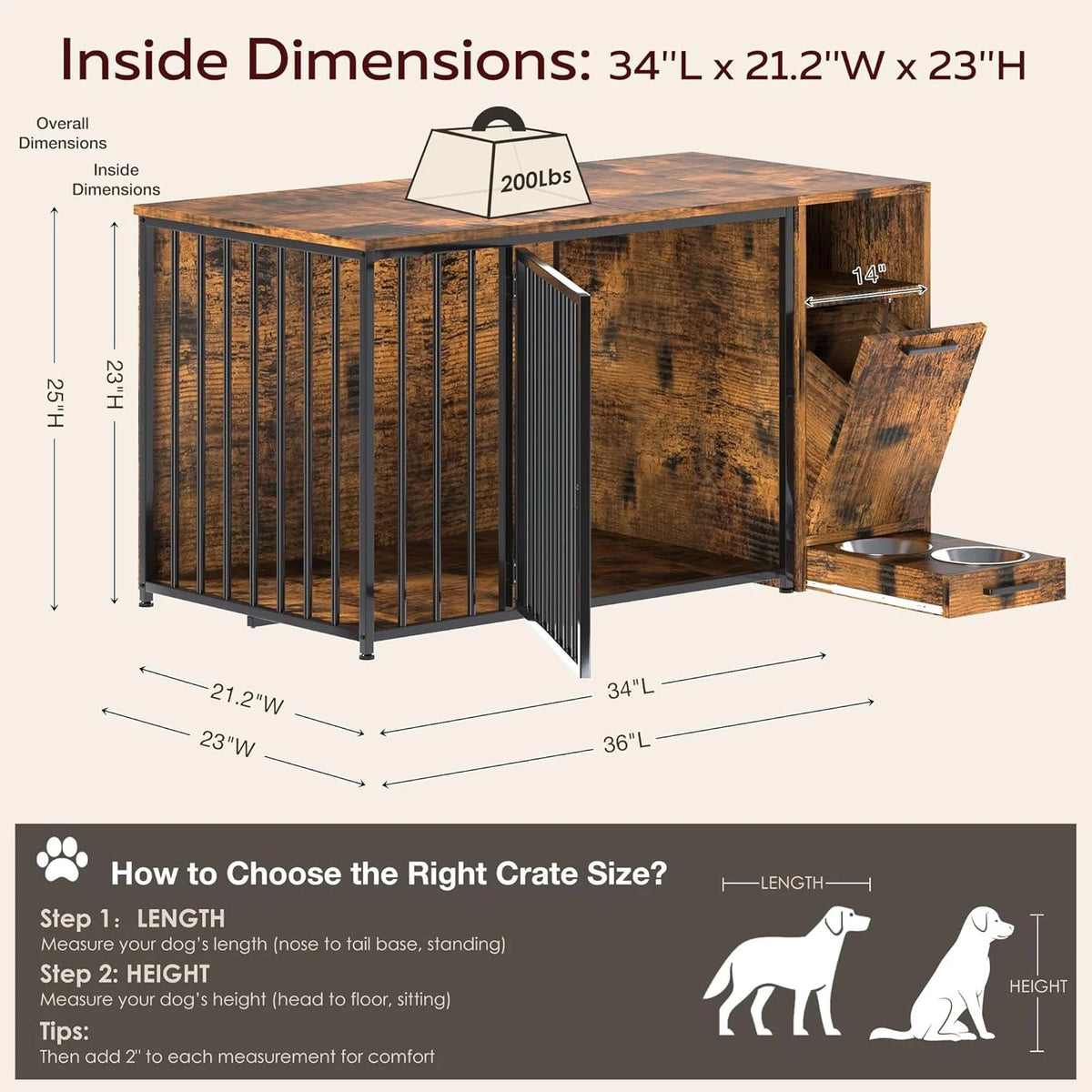 AECOJOY Dog Crate Furniture with Storage Cabinet, 36 Inch Wooden & Steel Decorative Indoor Kennel - Product image 6