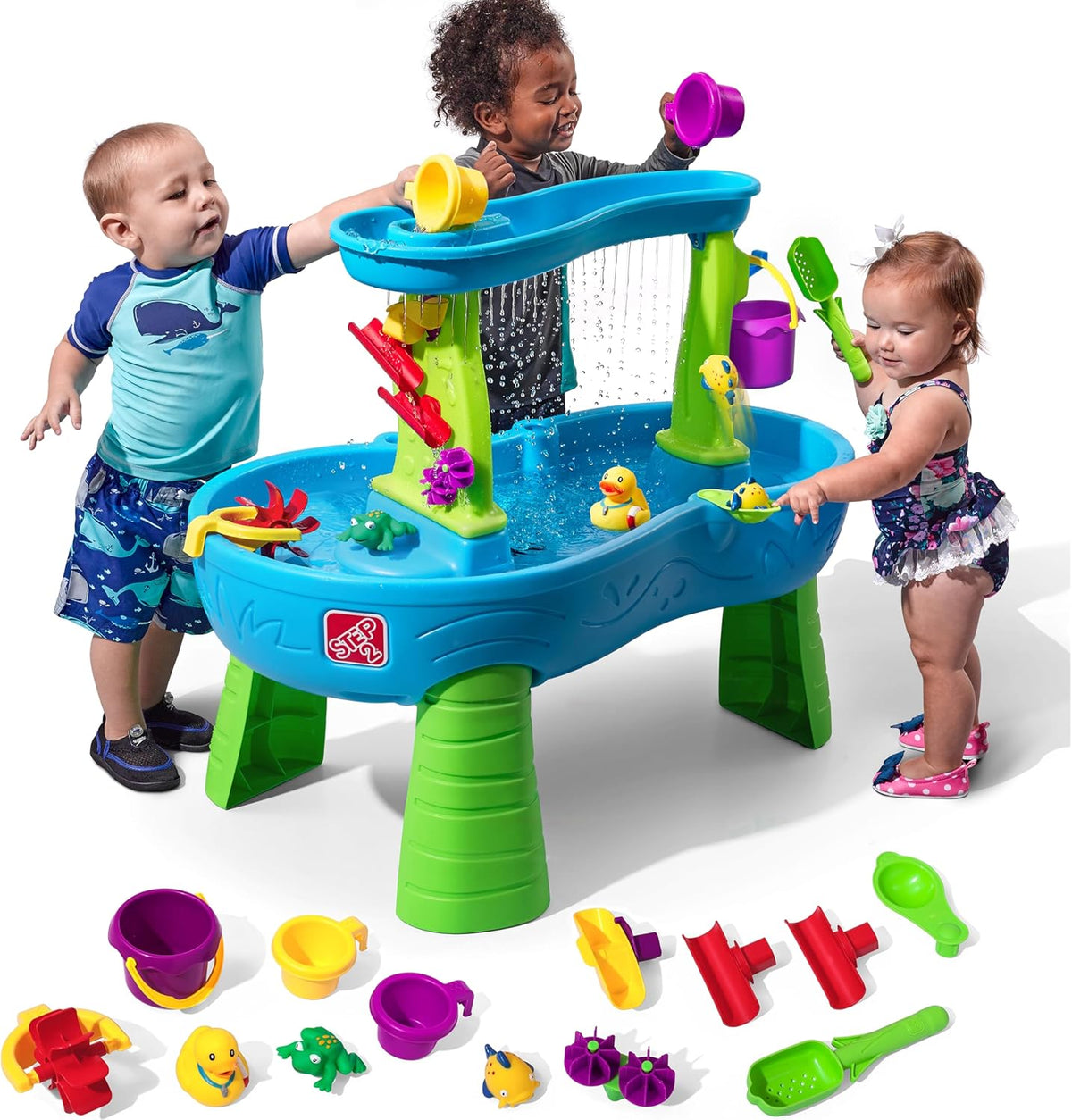Rain Shower Splash Water Table with 13 Accessories - Blue & Green | Water games table | Activity Table for the Garden, Water Activity Table | Outdoor water table