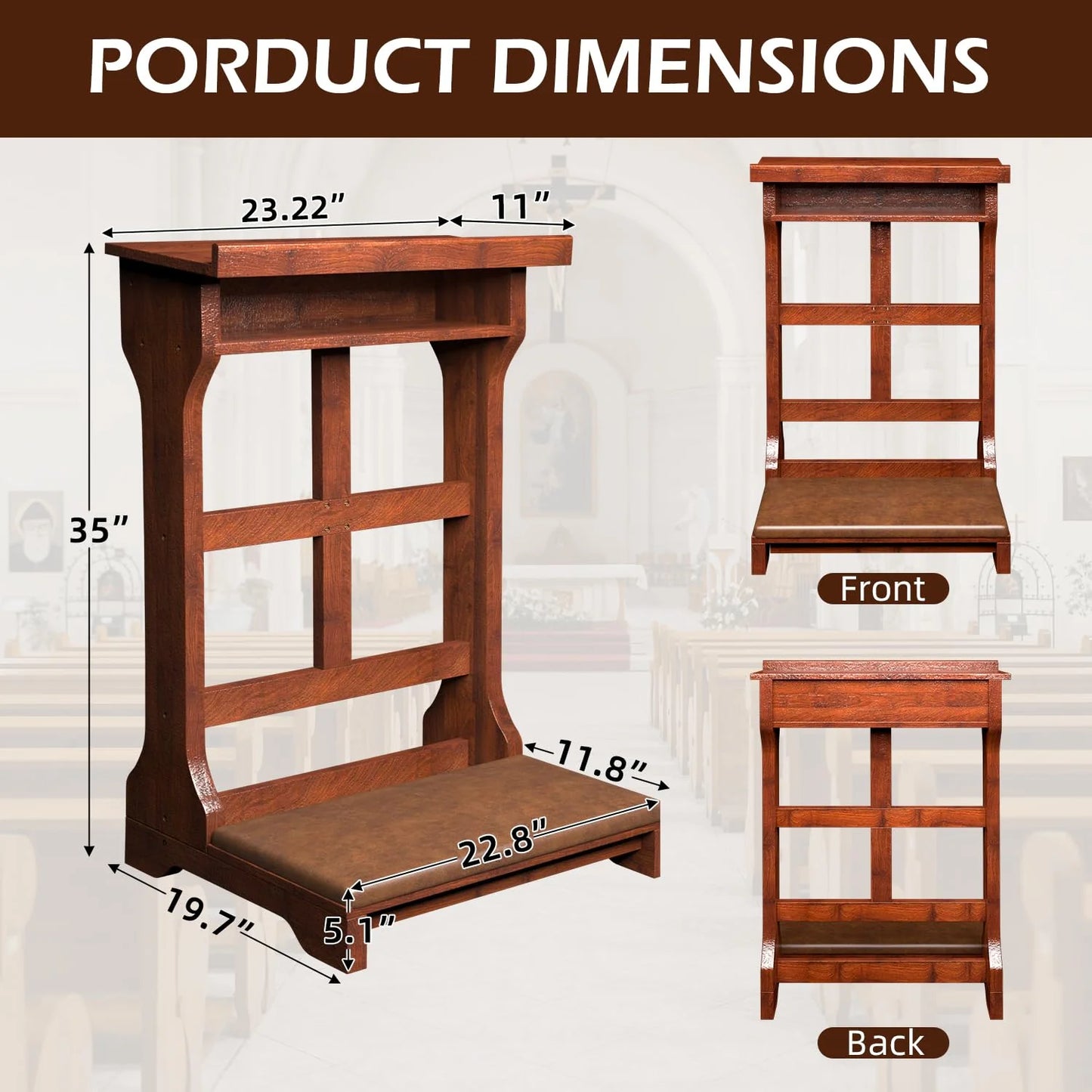 AECOJOY Acacia Wood Prayer Kneeler Bench with Storage Shelf & Soft Cushion - Product image 3