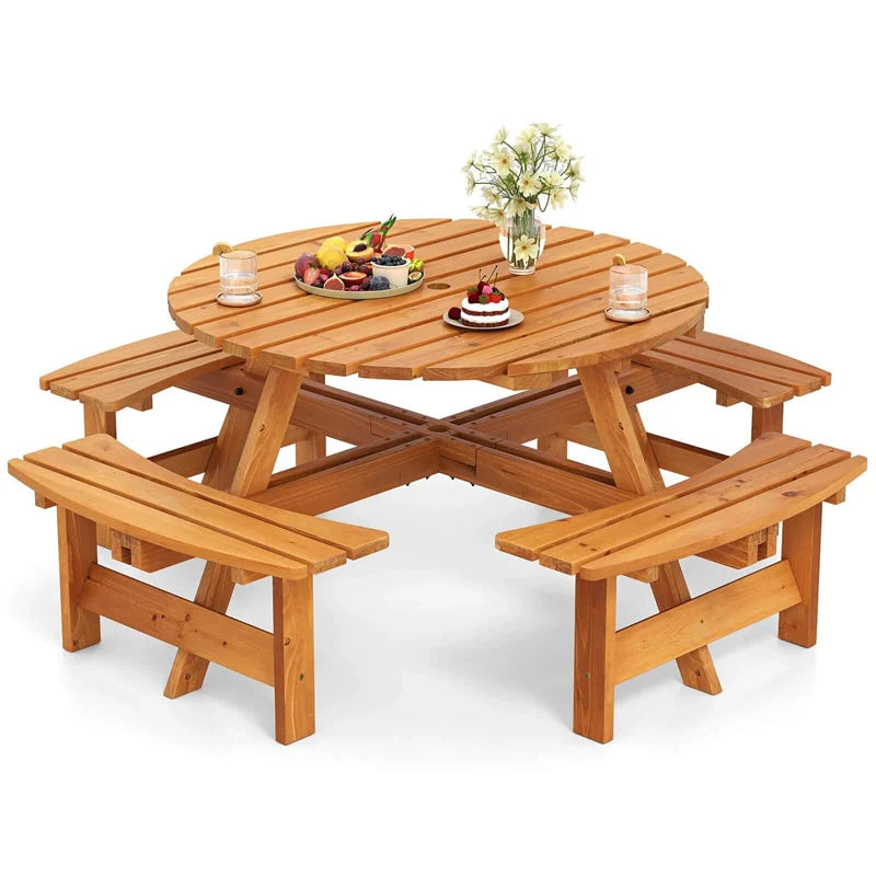 8-Person Round Wood Picnic Table Set with 4 Built-in Benches & 2" Umbrella Hole, Holds 2420 LBS - Product image 12