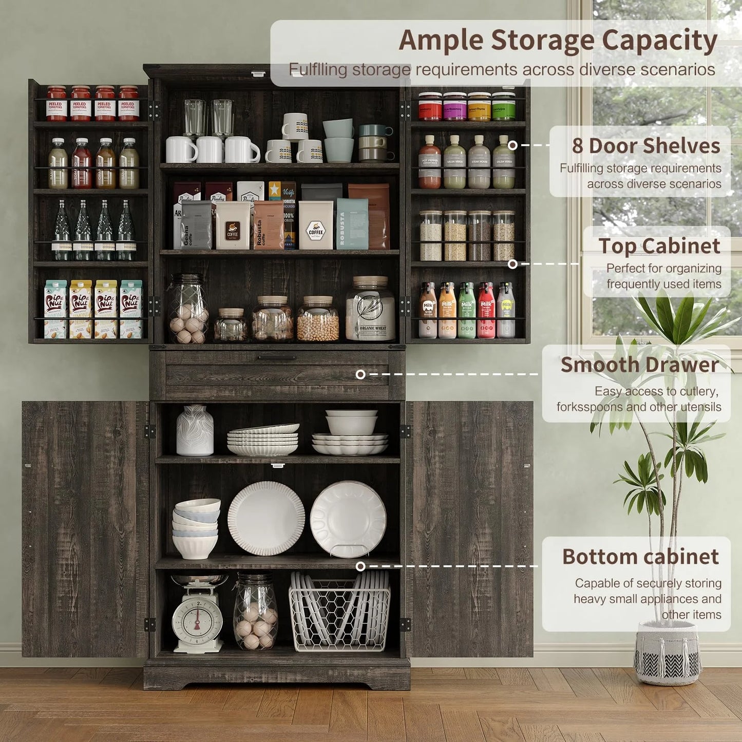 FUSOU 72'' Kitchen Storage Pantry Cabinet, Tall Storage Cabinet with 8 Door Shelves - Product image 4