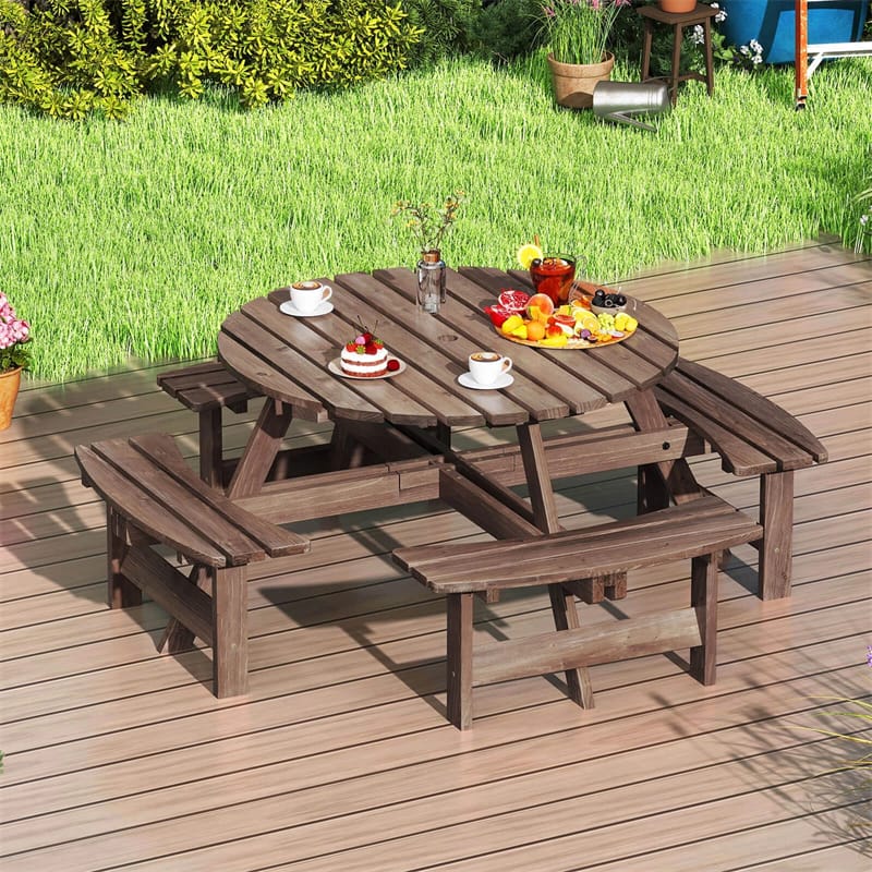 8-Person Round Wood Picnic Table Set with 4 Built-in Benches & 2" Umbrella Hole, Holds 2420 LBS - Product image 3