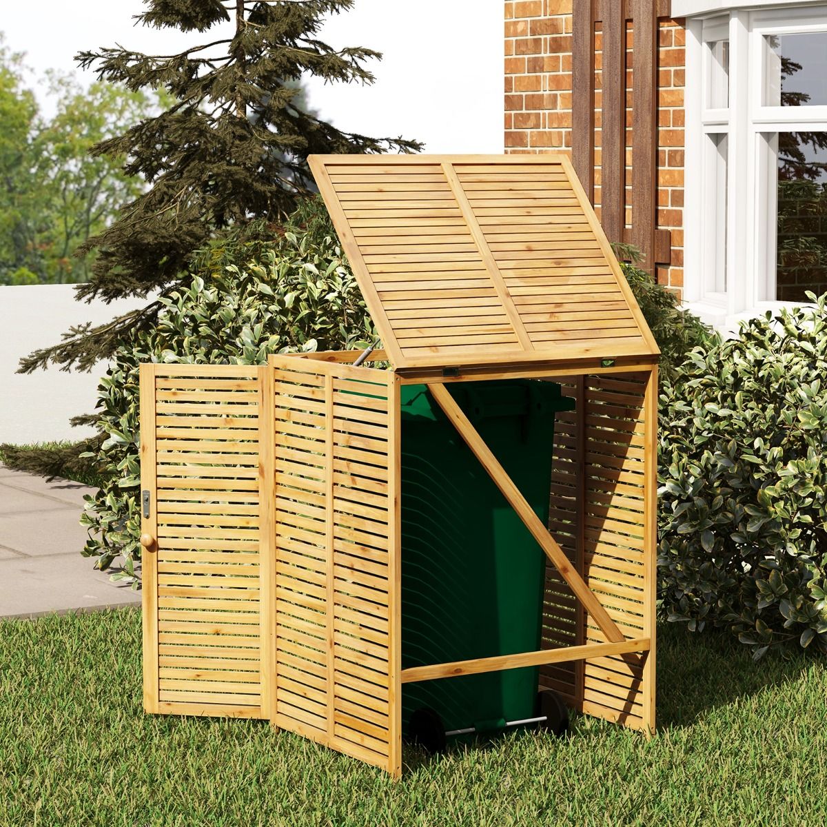 120L Wooden Trash Can Shed Outdoor Tool Shed with Openable Lid Double Doors Natural Locking Latch -