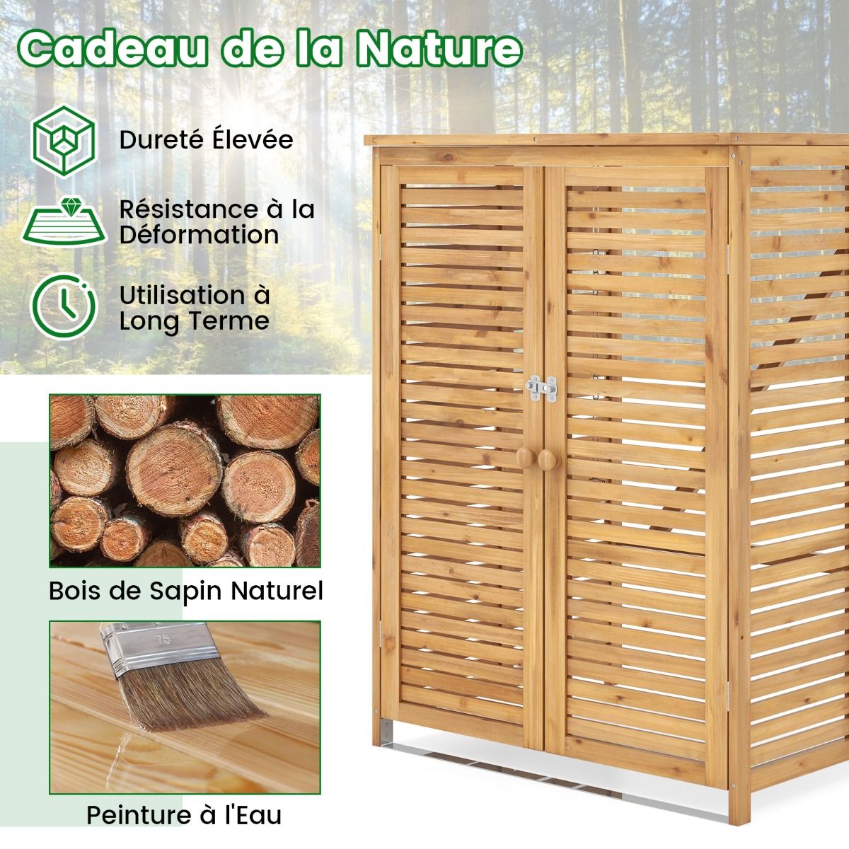 120L Wooden Trash Can Shed Outdoor Tool Shed with Openable Lid Double Doors Natural Locking Latch -