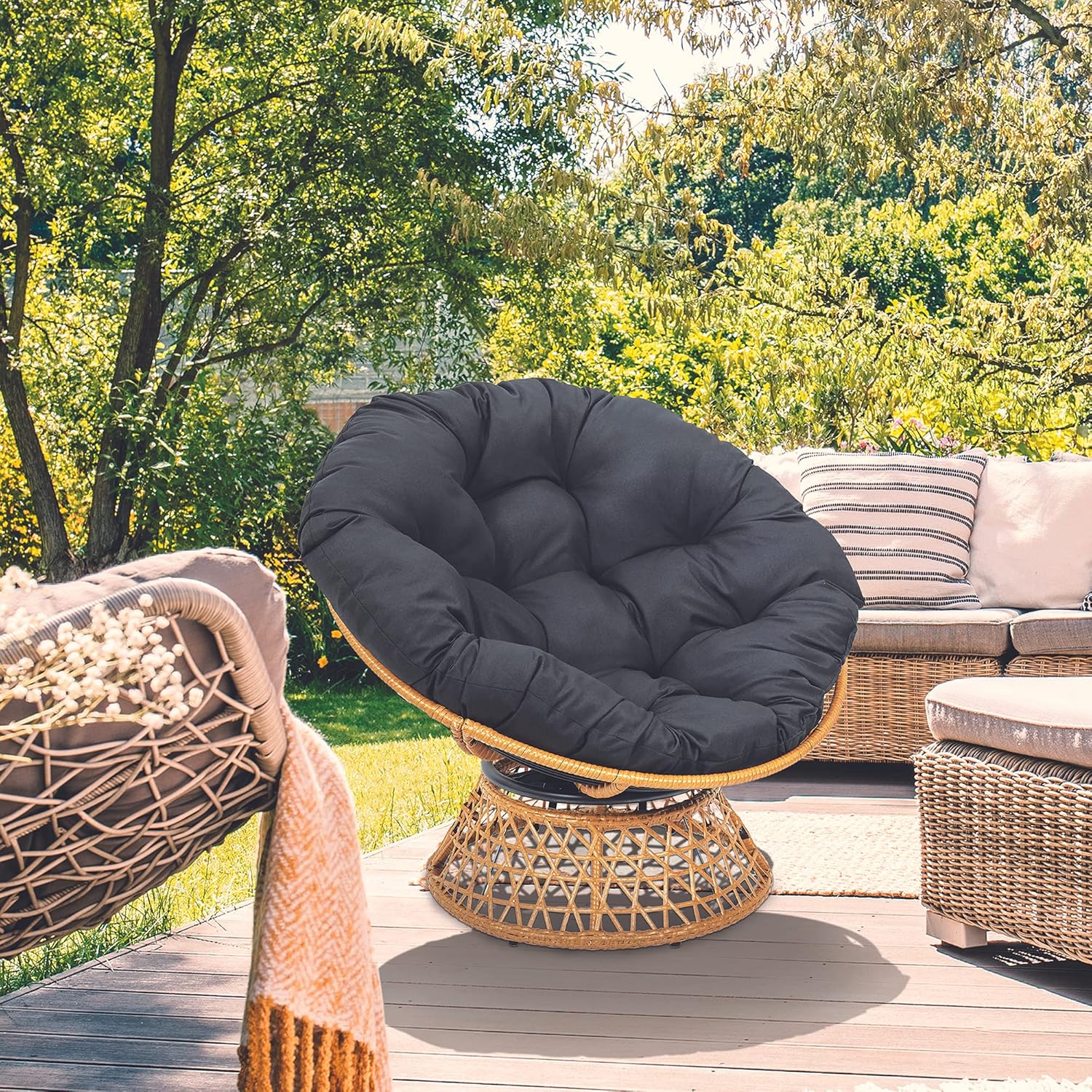 HOME DECO FACTORY, Outdoor Swivel Armchair, Round Relax Chair, 1 Seater 360° Swivel, Thick Comfortable Cushion Included, Garden Furniture for Balcony Terrace Garden Furniture