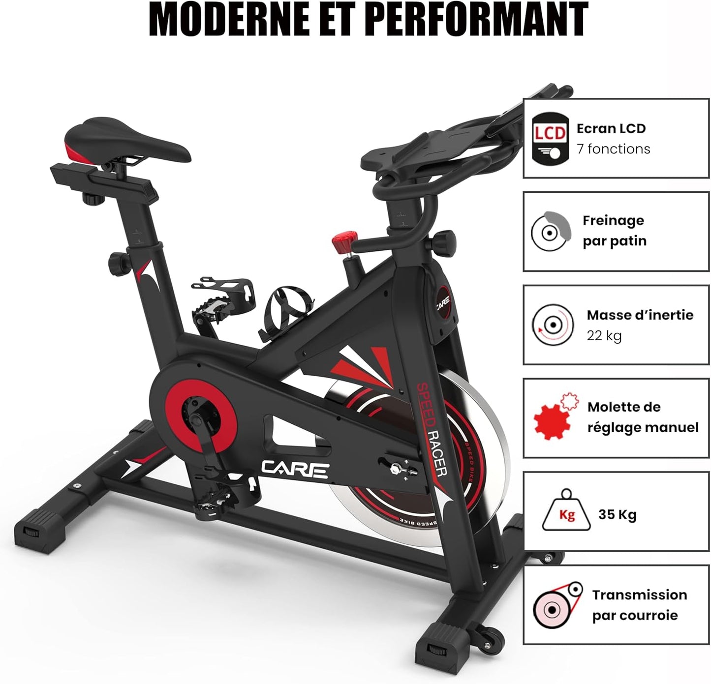 CARE FITNESS - BIKING BIKE - Speed ​​racer - exercise bike with LCD screen-Inertia mass 22kg-Adjustable handlebars and saddle