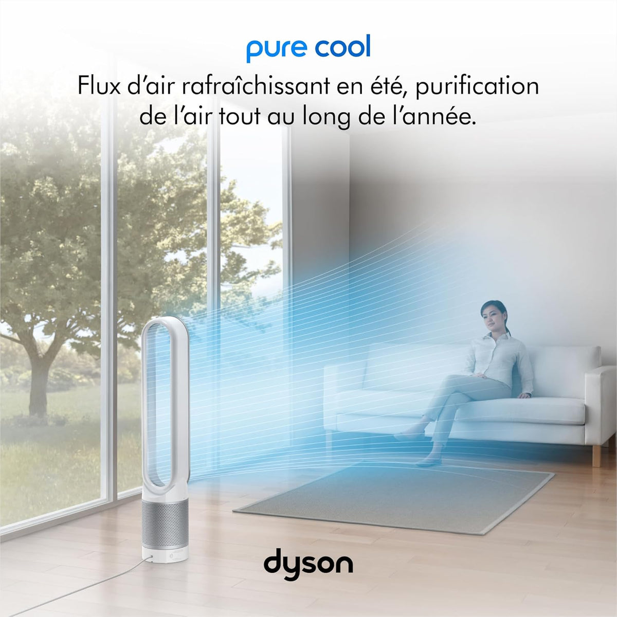 Dyson Pure Cool TP00 – Bladeless tower fan purifier, 10 speeds, 434L/s, 360° HEPA filter, captures 99.95% particles, White/Silver