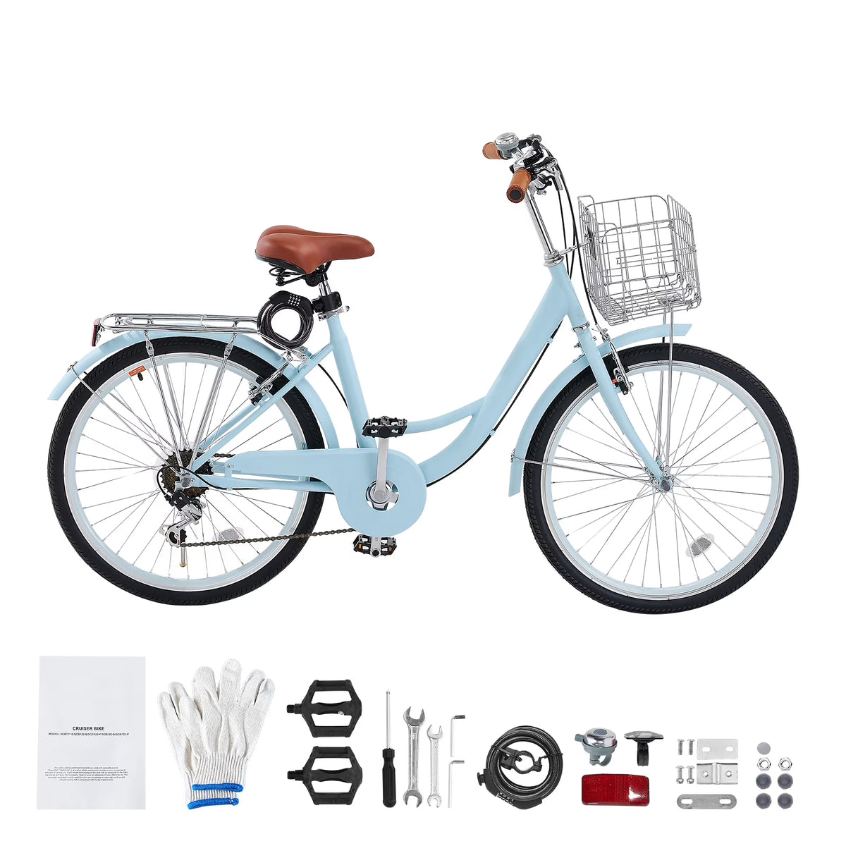 KFFKFF 24" Cruiser Bike, 7 - Speed, Sky Blue Coastal Cycle with Spacious Basket and Back Stand - Product image 1