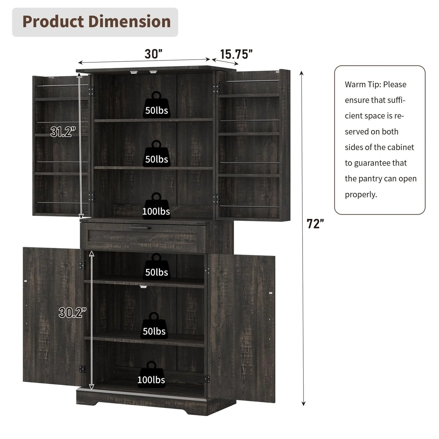 FUSOU 72'' Kitchen Storage Pantry Cabinet, Tall Storage Cabinet with 8 Door Shelves - Product image 11