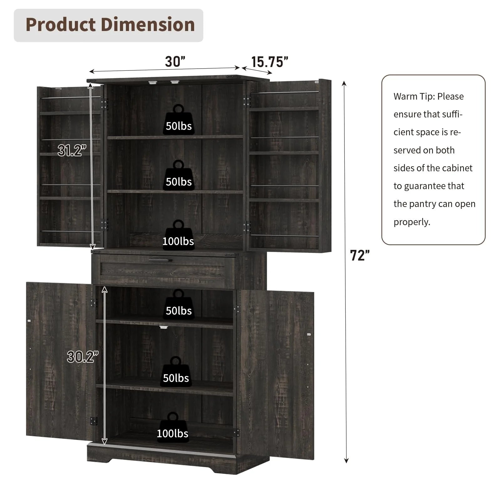 FUSOU 72'' Kitchen Storage Pantry Cabinet, Tall Storage Cabinet with 8 Door Shelves - Product image 11